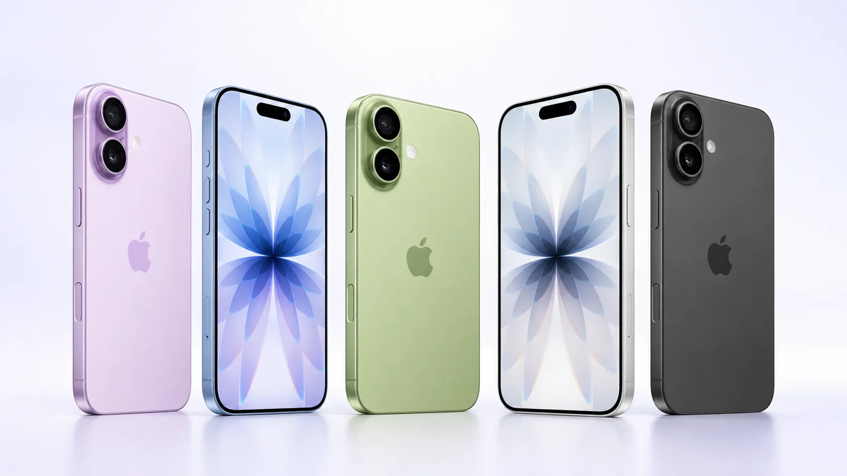 iPhone 17 en lila, azul, verde, blanco y negro
